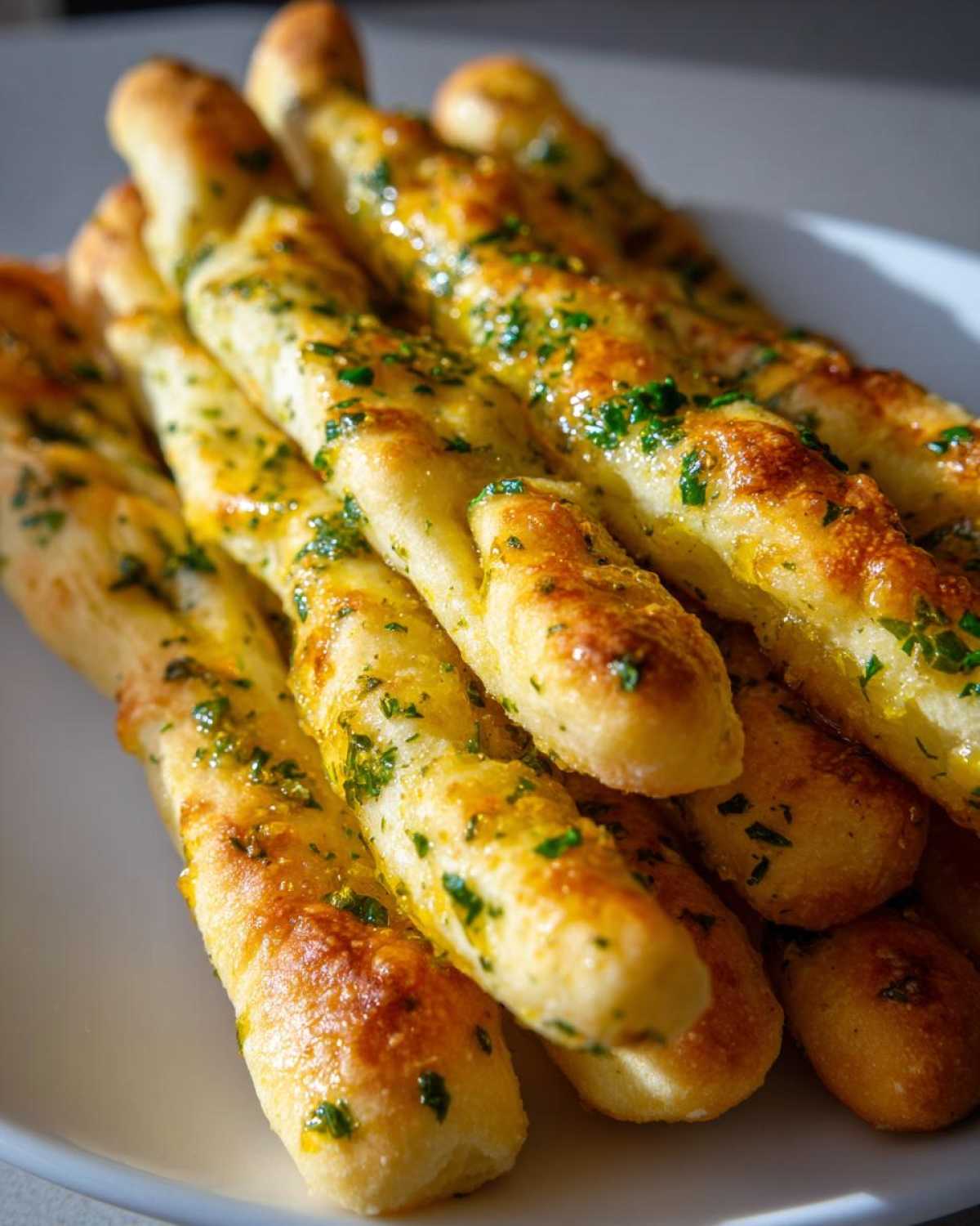 A close-up stack of soft garlic breadsticks glistening with melted butter and sprinkled with fresh green parsley.
