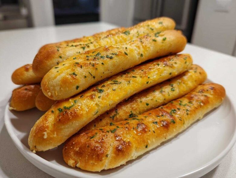 A stack of freshly baked, soft garlic breadsticks topped with melted cheese and chopped parsley on a white plate.