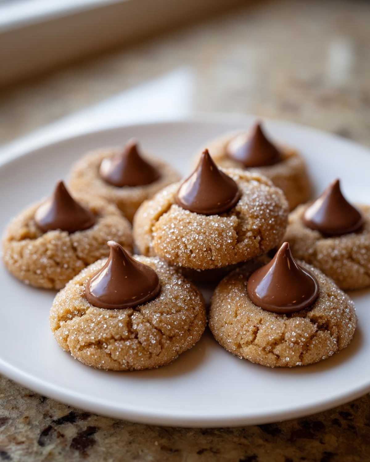 A close-up of several soft kiss cookies rolled in sugar and topped with a milk chocolate Hershey's Kiss.