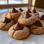 A pile of freshly baked, sugar-coated kiss cookies, each topped with a melted chocolate kiss.