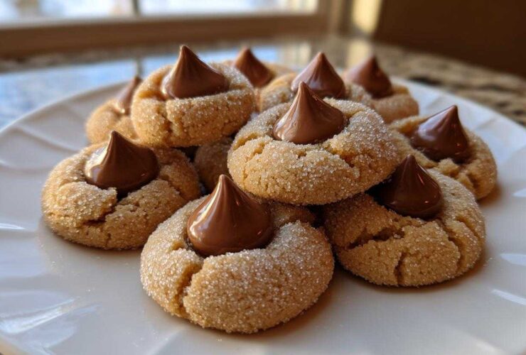 A pile of freshly baked, sugar-coated kiss cookies, each topped with a melted chocolate kiss.