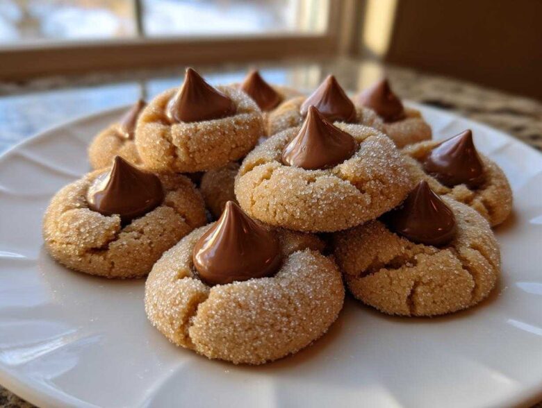 A pile of freshly baked, sugar-coated kiss cookies, each topped with a melted chocolate kiss.