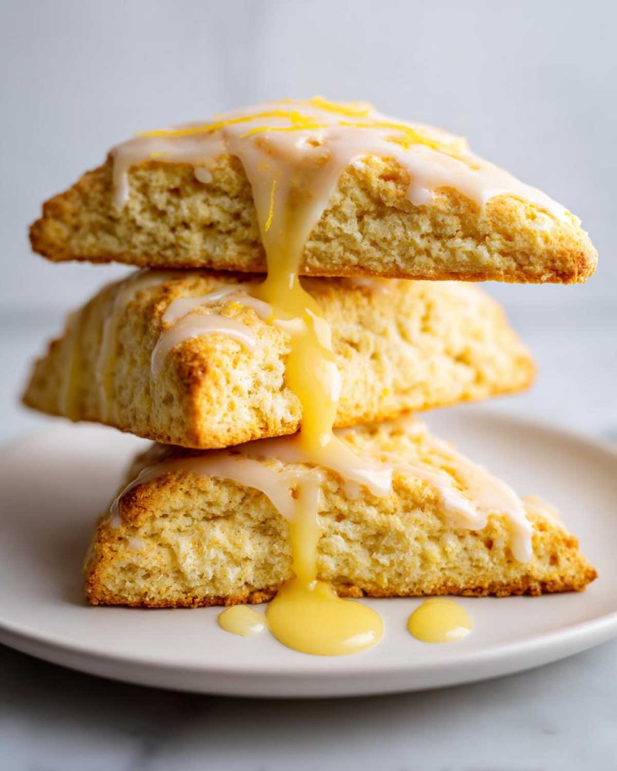 Three triangular lemon scones stacked and drizzled with a thick, yellow lemon glaze.