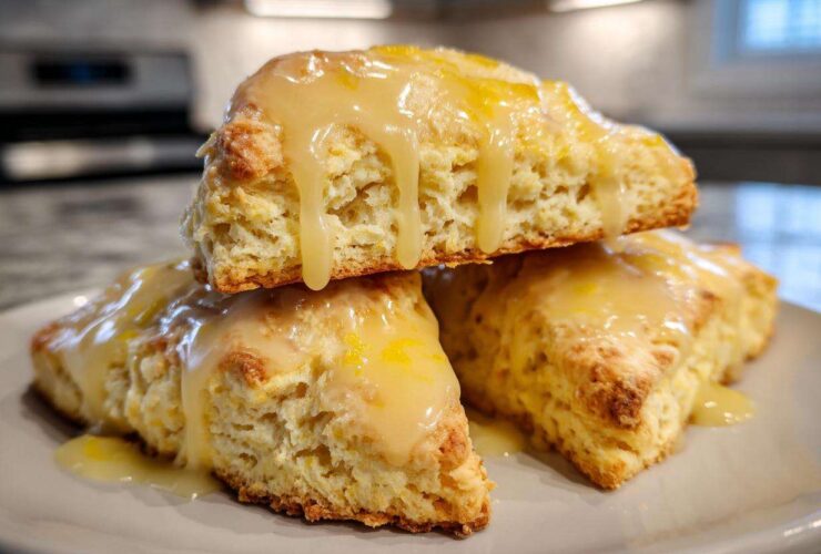 Three soft lemon scones stacked and drizzled with a thick, shiny lemon glaze.