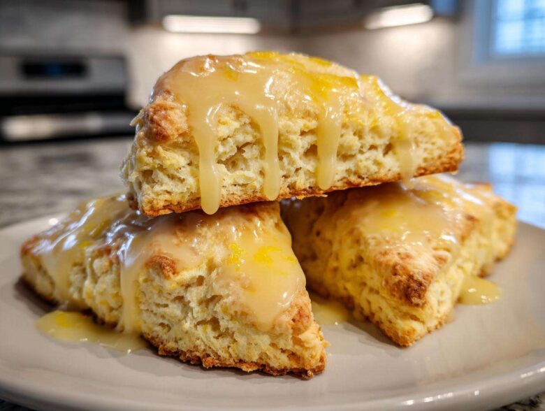 Three soft lemon scones stacked and drizzled with a thick, shiny lemon glaze.