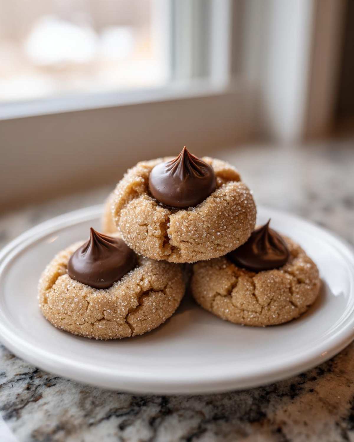 Three soft peanut butter blossom cookies stacked on a white plate, featuring a chocolate kiss center.