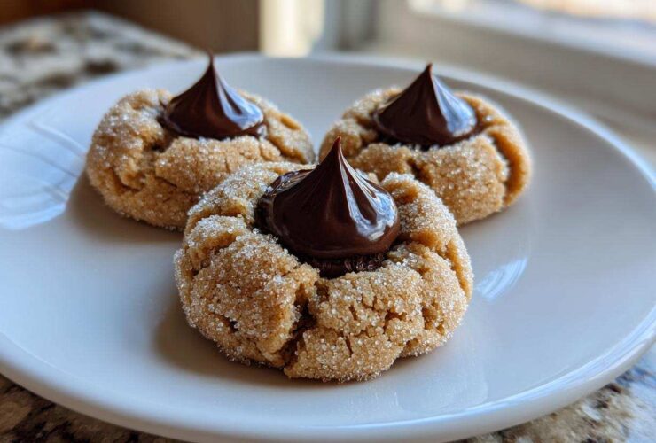 Three soft peanut butter blossom cookies rolled in sugar, each topped with a chocolate kiss, displayed on a white plate.