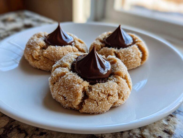 Three soft peanut butter blossom cookies rolled in sugar, each topped with a chocolate kiss, displayed on a white plate.