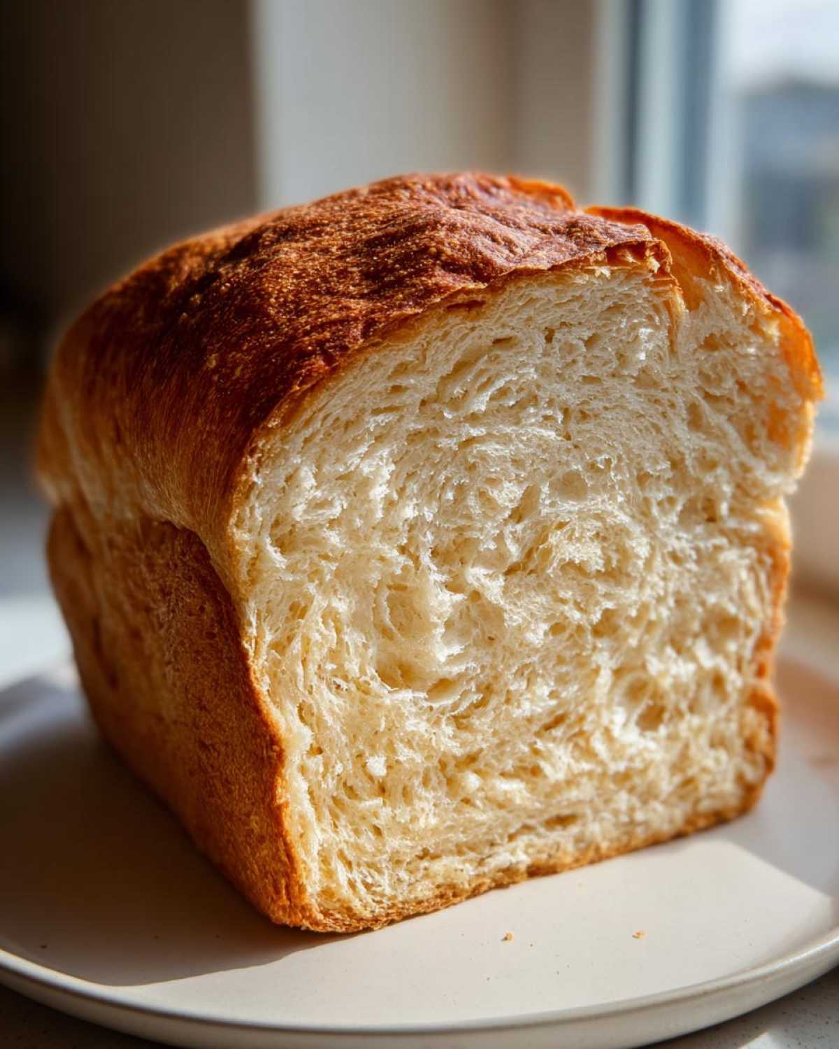 Close-up of a loaf of soft sourdough sandwich bread, showing its fluffy, white interior crumb and golden crust.