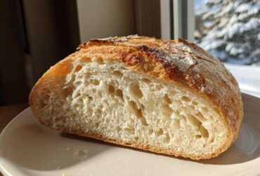 Close-up of the open crumb structure of a freshly baked sourdough sandwich bread loaf.