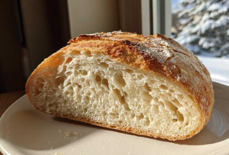 Close-up of the open crumb structure of a freshly baked sourdough sandwich bread loaf.