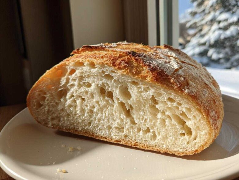 Close-up of the open crumb structure of a freshly baked sourdough sandwich bread loaf.