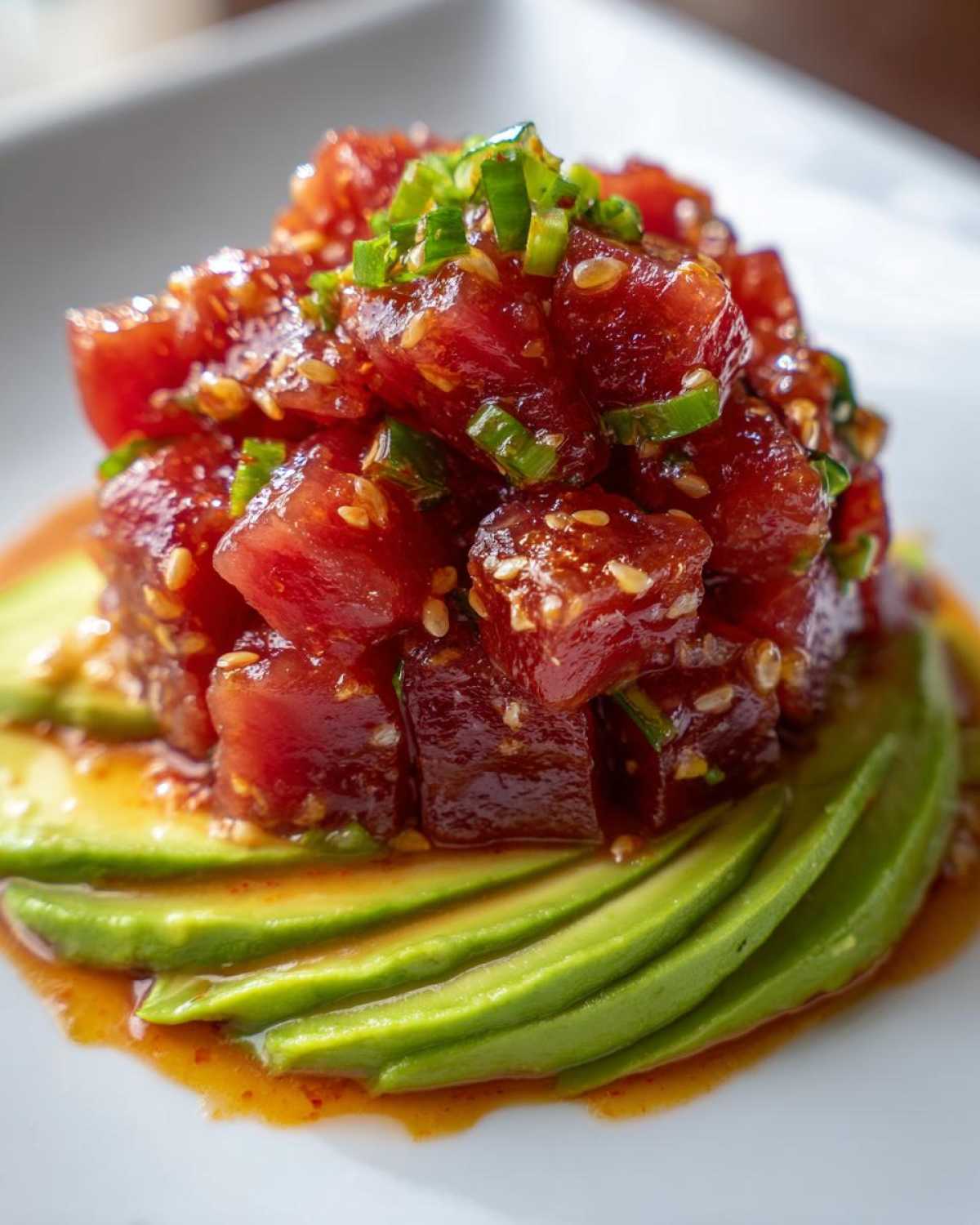 Close-up of spicy tuna tartare cubes served over a fan of sliced avocado on a white plate.
