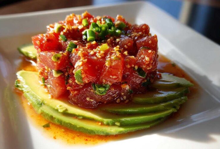 A mound of bright red spicy tuna tartare served over fanned slices of fresh avocado on a white plate.