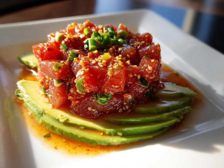 A mound of bright red spicy tuna tartare served over fanned slices of fresh avocado on a white plate.