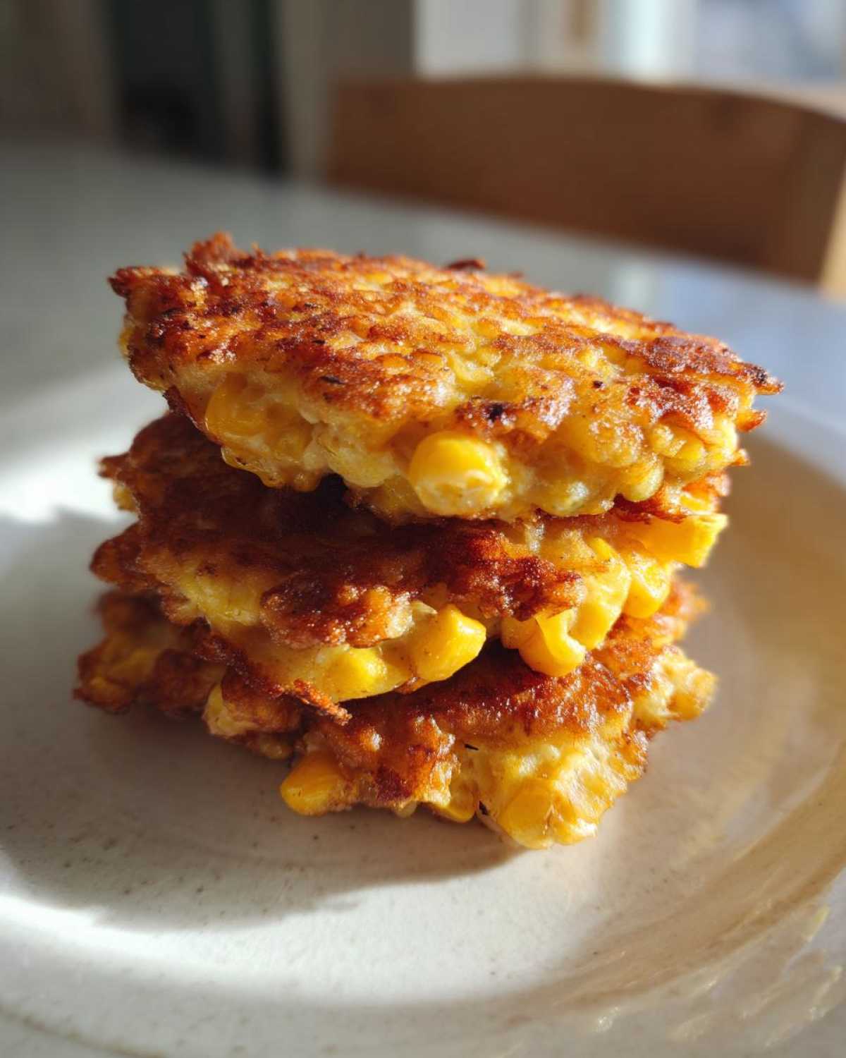 A stack of three golden brown, crispy corn fritters piled on a light-colored plate.