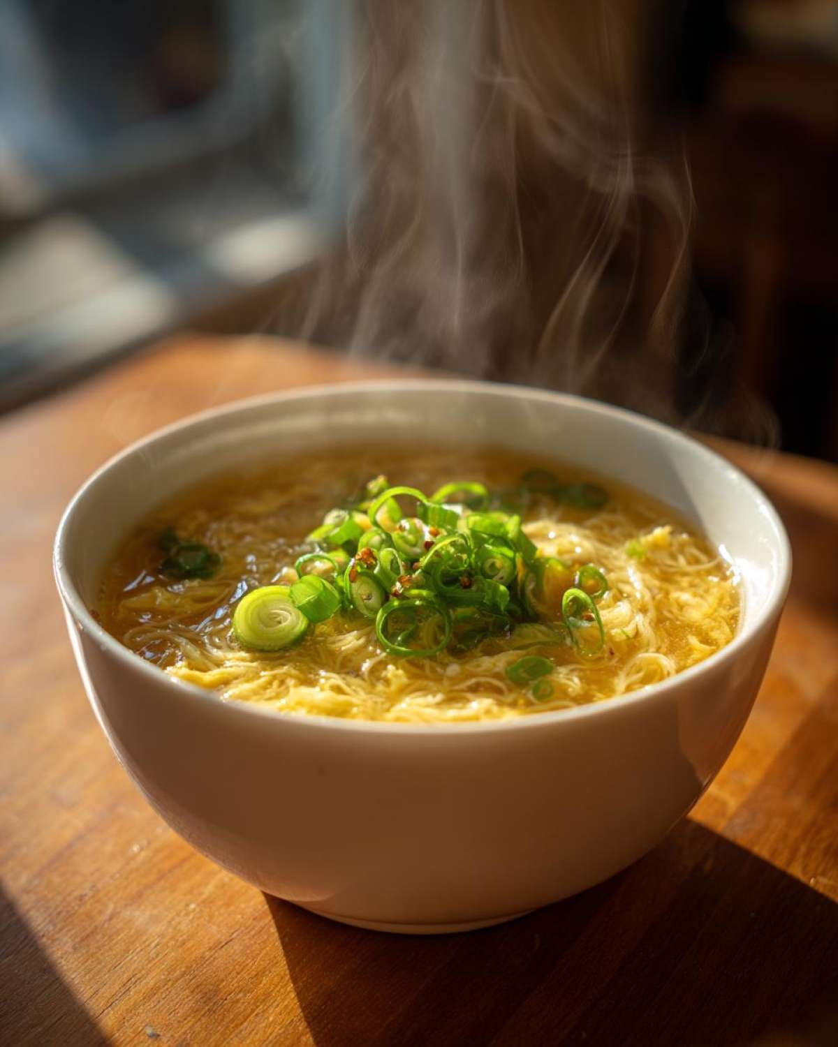 A steaming white bowl filled with golden yellow egg drop soup, garnished with fresh green onions.