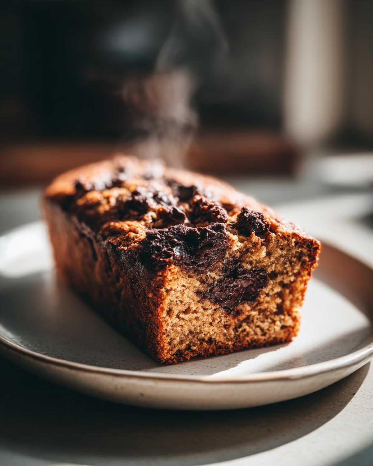 A steaming loaf of freshly baked chocolate chip banana bread recipe on a light ceramic plate.