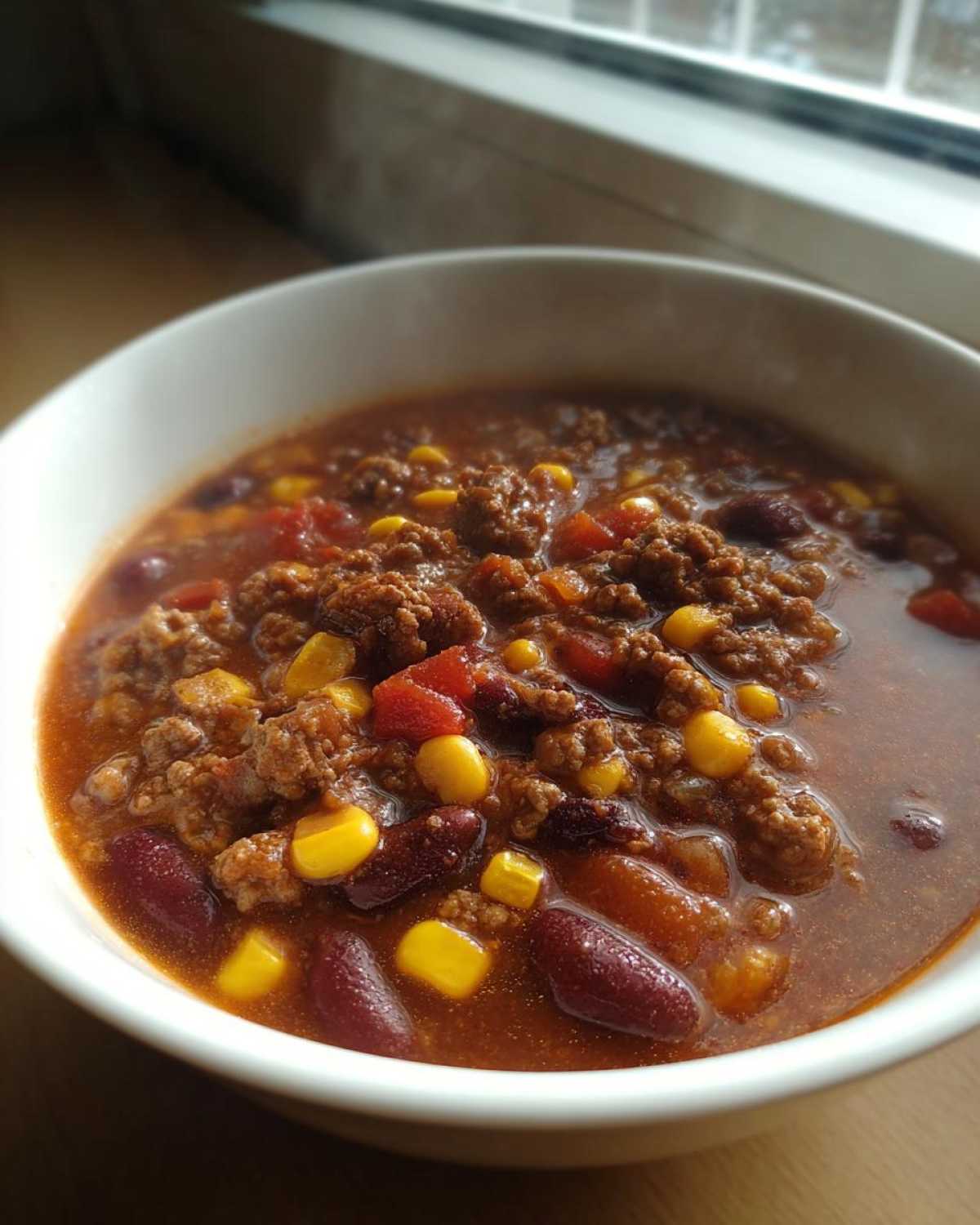 Close-up of a steaming white bowl filled with rich crockpot cowboy soup featuring ground beef, kidney beans, and corn.