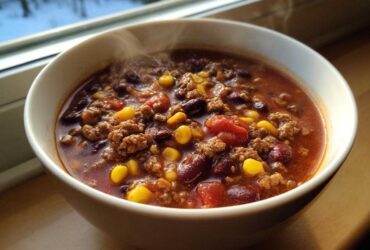 A steaming white bowl filled with hearty crockpot cowboy soup featuring ground beef, kidney beans, corn, and tomatoes.