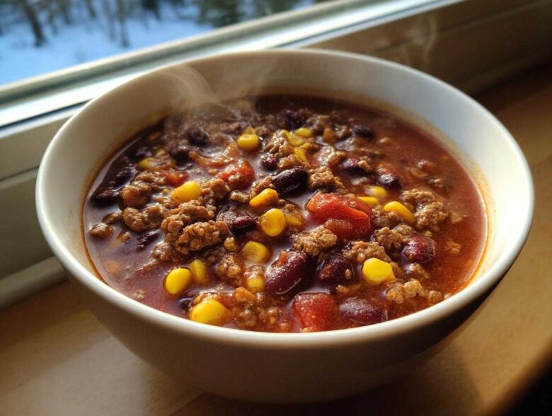 A steaming white bowl filled with hearty crockpot cowboy soup featuring ground beef, kidney beans, corn, and tomatoes.