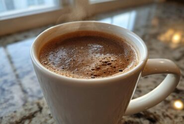 Close-up of a steaming white mug filled with rich, frothy hot cocoa made from hot cocoa mix, sitting on a granite counter.