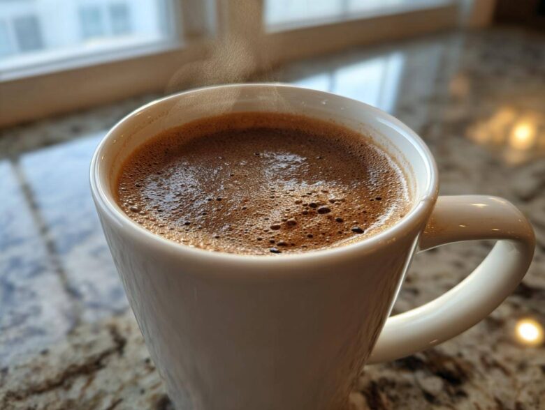 Close-up of a steaming white mug filled with rich, frothy hot cocoa made from hot cocoa mix, sitting on a granite counter.