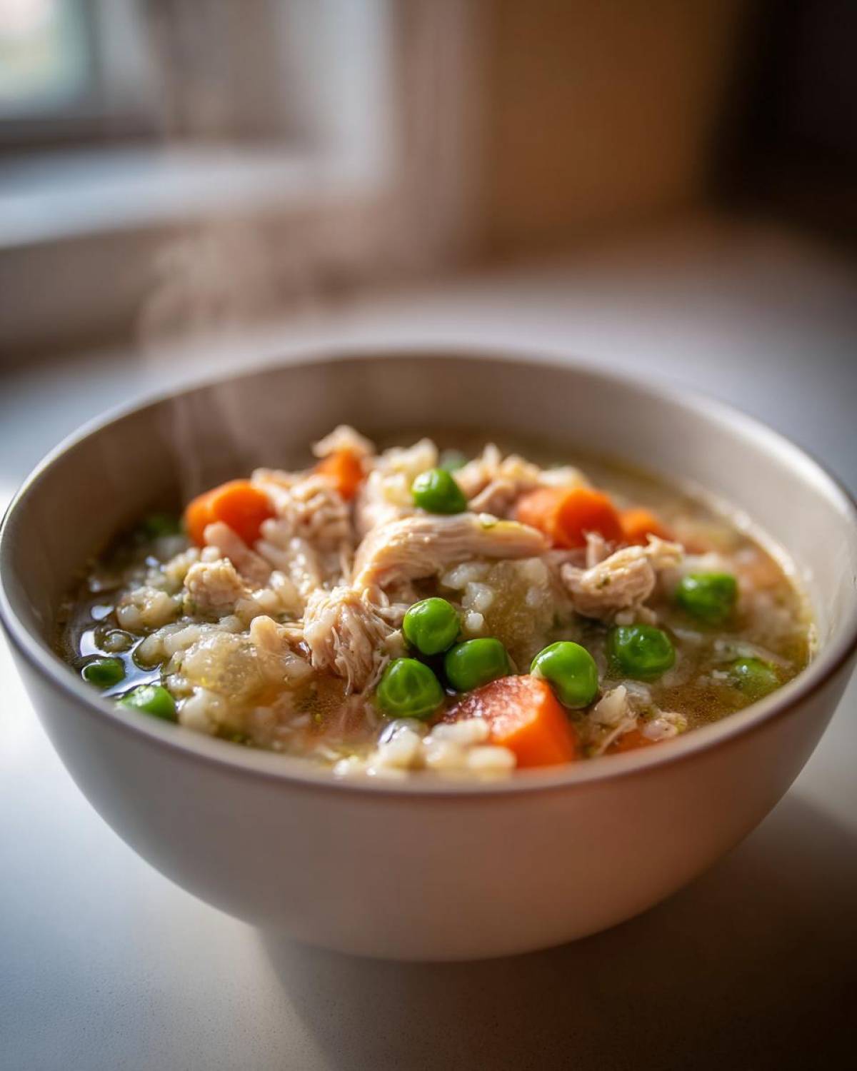 Close-up of a steaming bowl of turkey soup filled with shredded turkey, rice, carrots, and bright green peas.