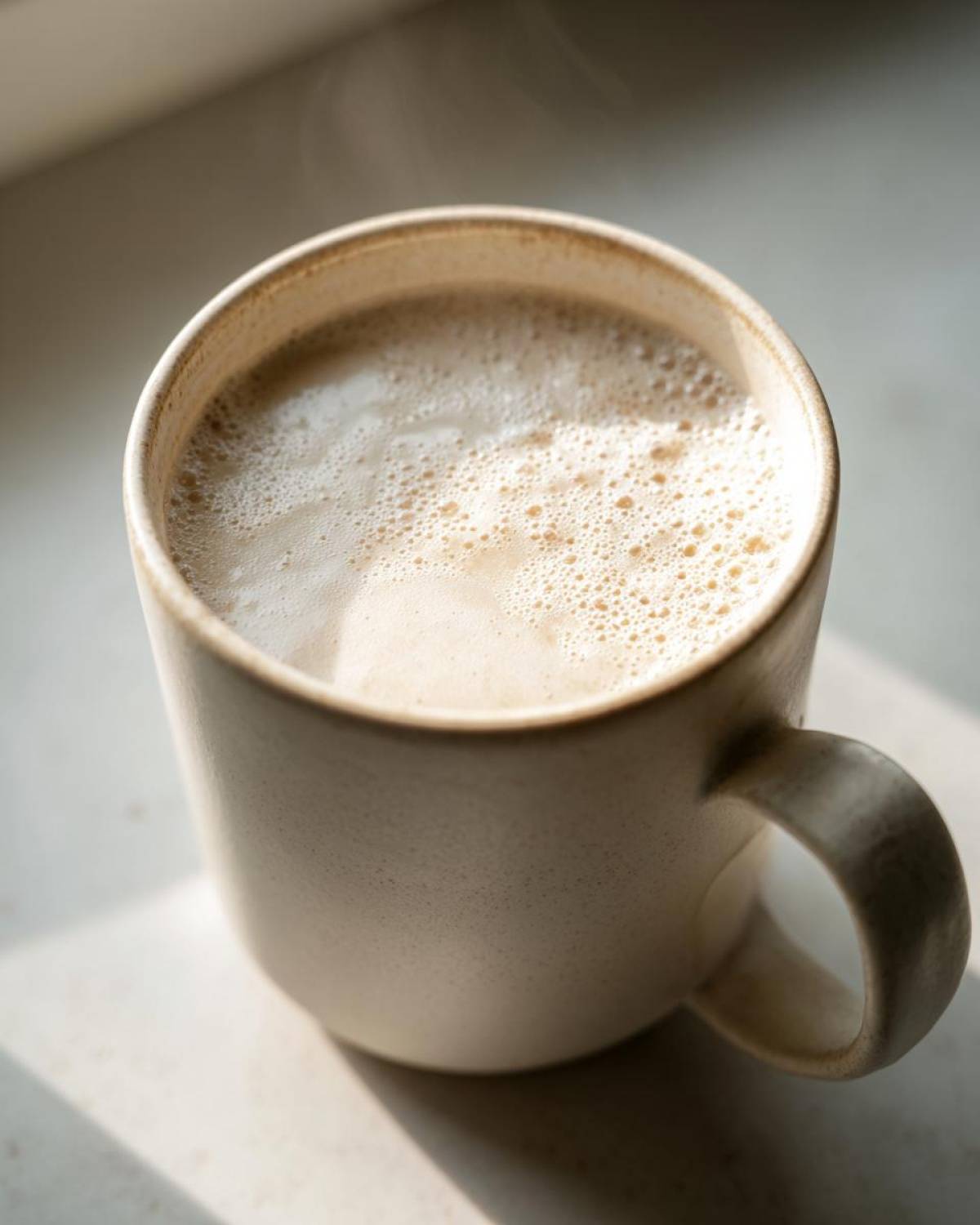 Close-up of a steaming mug filled with creamy white hot chocolate topped with foam.