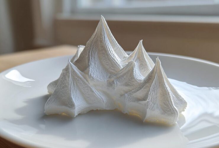 White, stiff peaks of royal icing, resembling snow-capped mountains, perfect for gingerbread house icing.