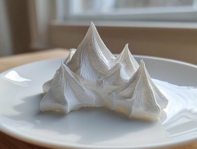 White, stiff peaks of royal icing, resembling snow-capped mountains, perfect for gingerbread house icing.