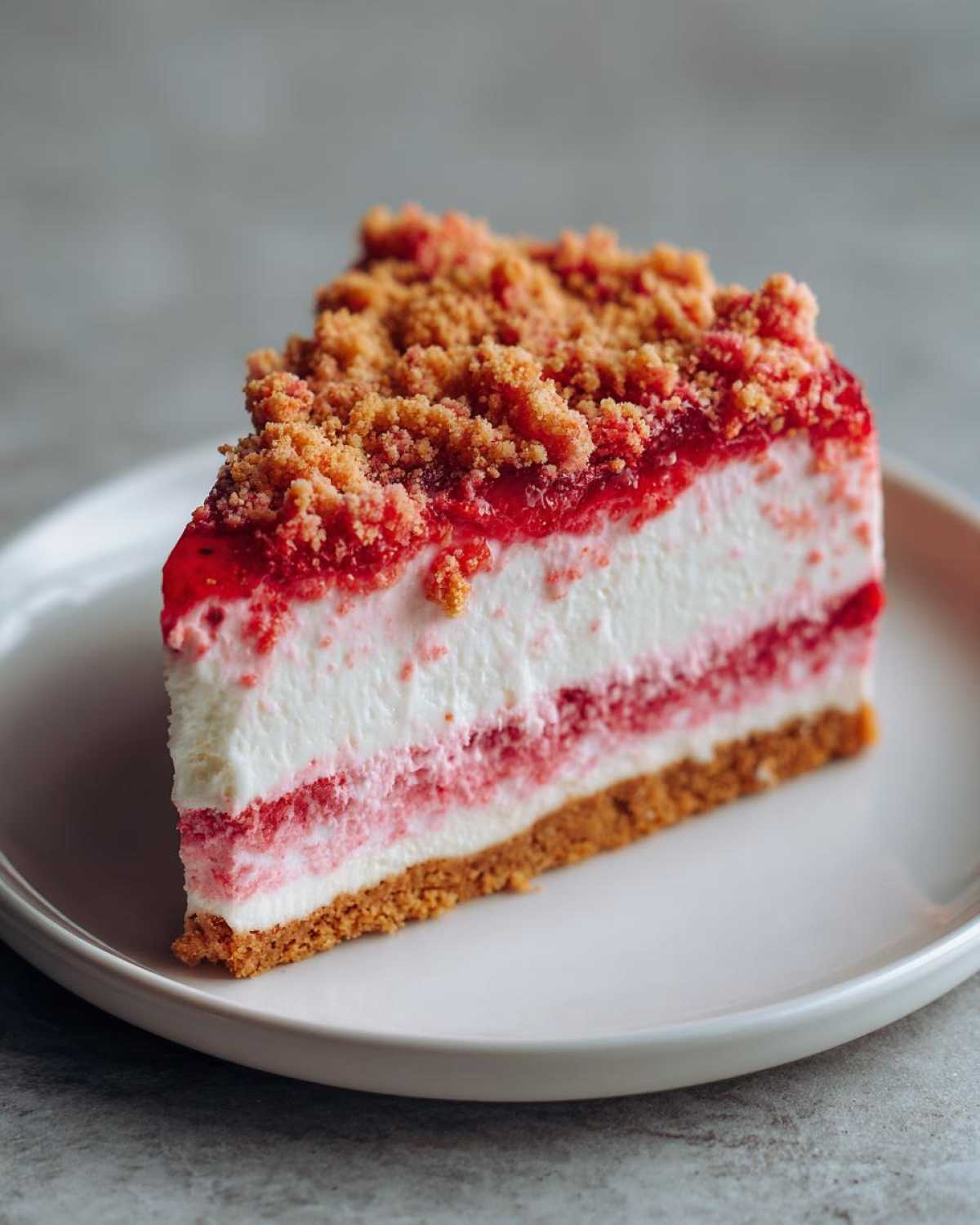 A perfect slice of strawberry crunch cheesecake showing layers of crust, cream, and strawberry topping.
