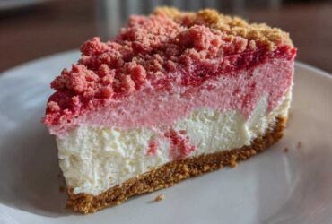 Close-up of a slice of strawberry crunch cheesecake showing distinct layers and pink crumble topping.