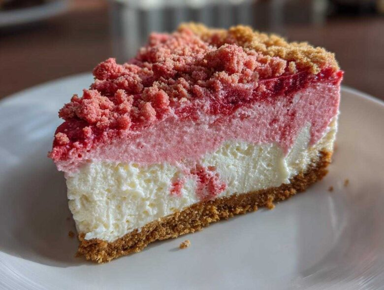 Close-up of a slice of strawberry crunch cheesecake showing distinct layers and pink crumble topping.