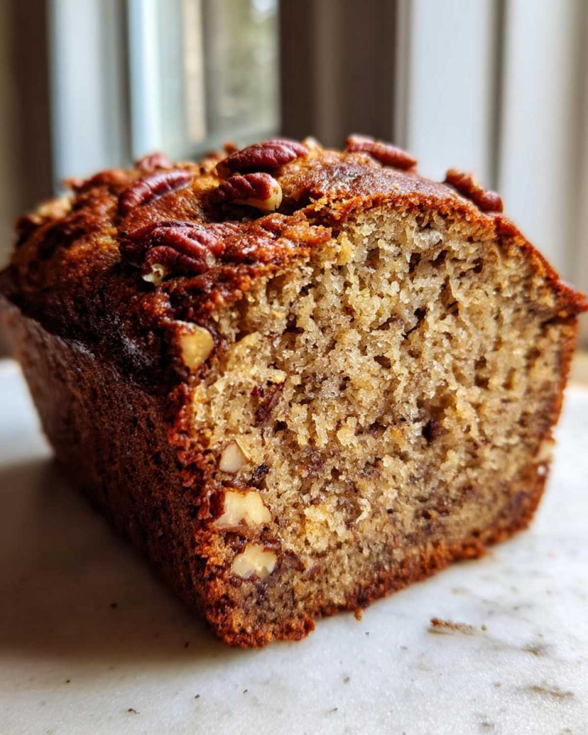 A close-up view of a freshly baked loaf of sugar free banana bread, topped with pecans.
