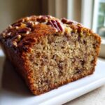 Close-up of a moist slice of sugar free banana bread topped with pecans, showing the texture.