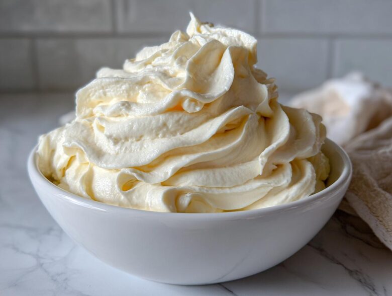 A generous swirl of light yellow vanilla buttercream frosting piped high in a white bowl.