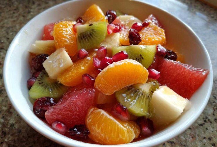 Close-up of a vibrant winter fruit salad featuring kiwi, orange segments, grapefruit, and pomegranate seeds in a white bowl.