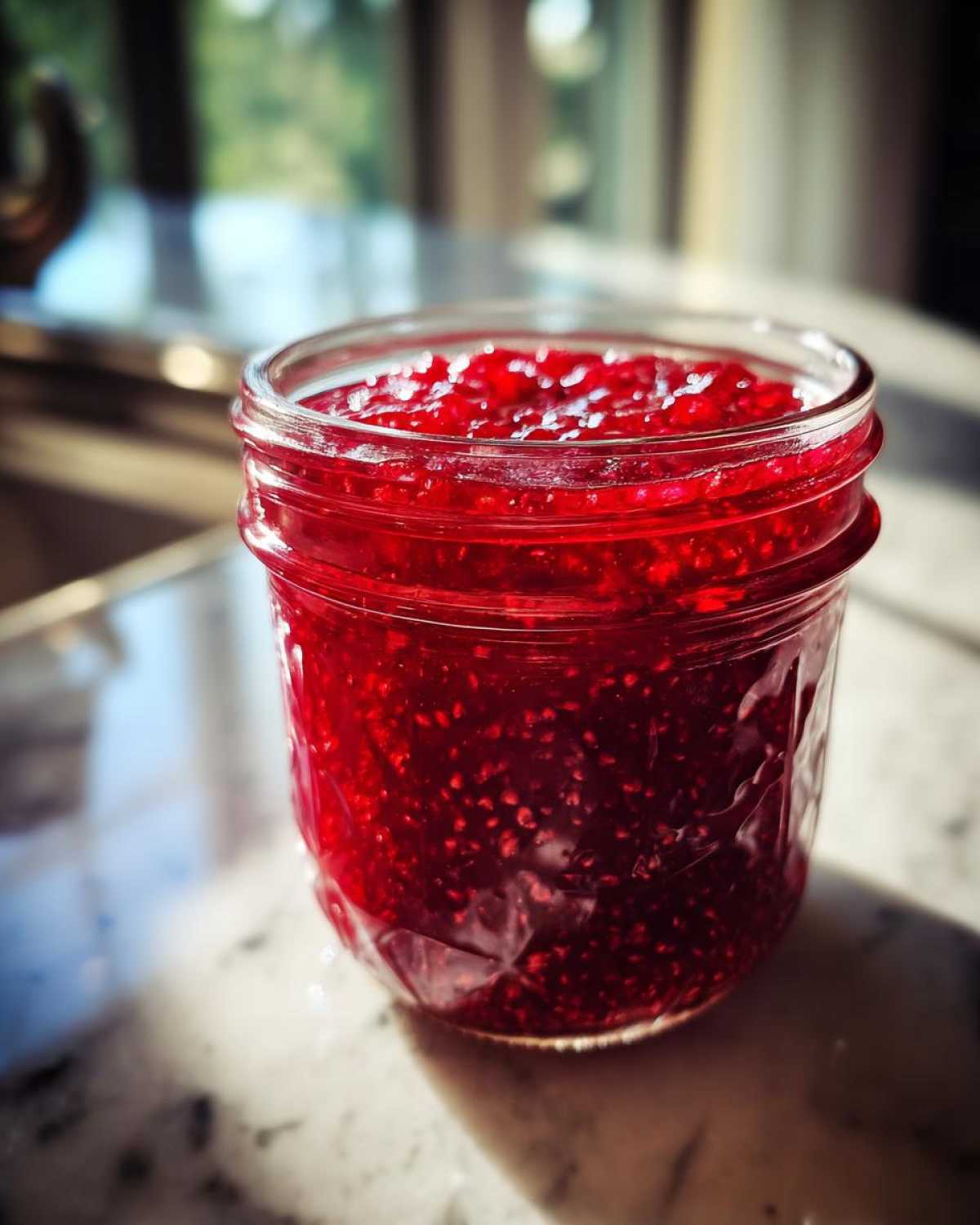 A close-up of a glass jar filled with vibrant, seed-filled, homemade raspberry jam, illuminated by sunlight.