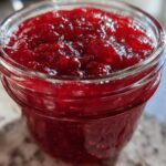 Close-up of vibrant, glistening homemade raspberry jam filling a glass jar.