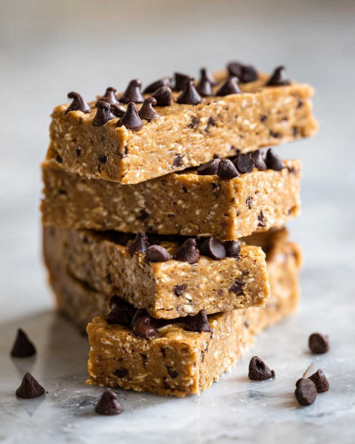 A vertical stack of four homemade, no-bake chocolate chip protein bars on a light marble surface.