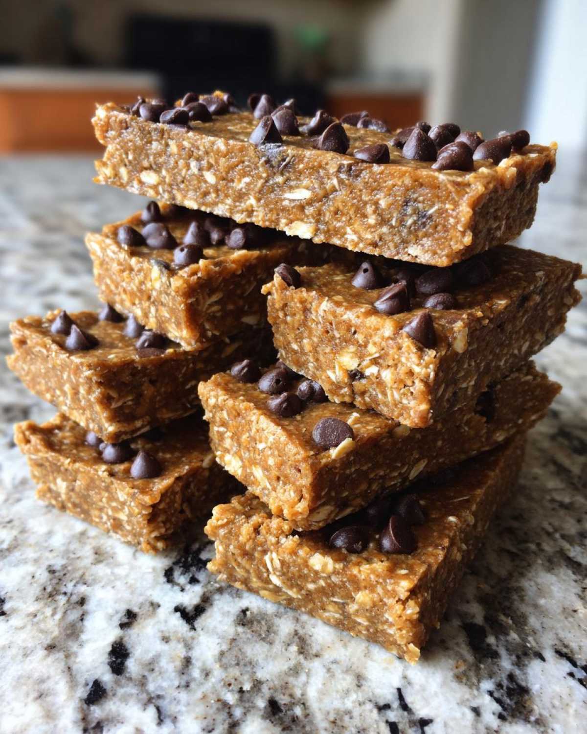 A stack of six homemade, chewy protein bars topped with mini chocolate chips resting on a granite countertop.