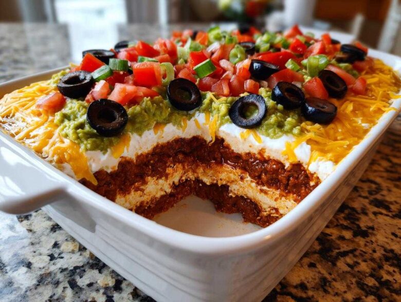 A white dish showing a cross-section of a delicious 7 layer dip topped with guacamole, tomatoes, olives, and cheese.