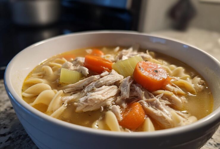 Close-up of a white bowl filled with amazing 1-pot chicken noodle soup, featuring shredded chicken, egg noodles, carrots, and celery.