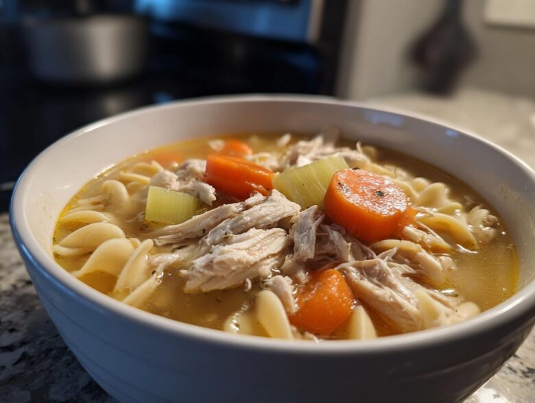 Close-up of a white bowl filled with amazing 1-pot chicken noodle soup, featuring shredded chicken, egg noodles, carrots, and celery.
