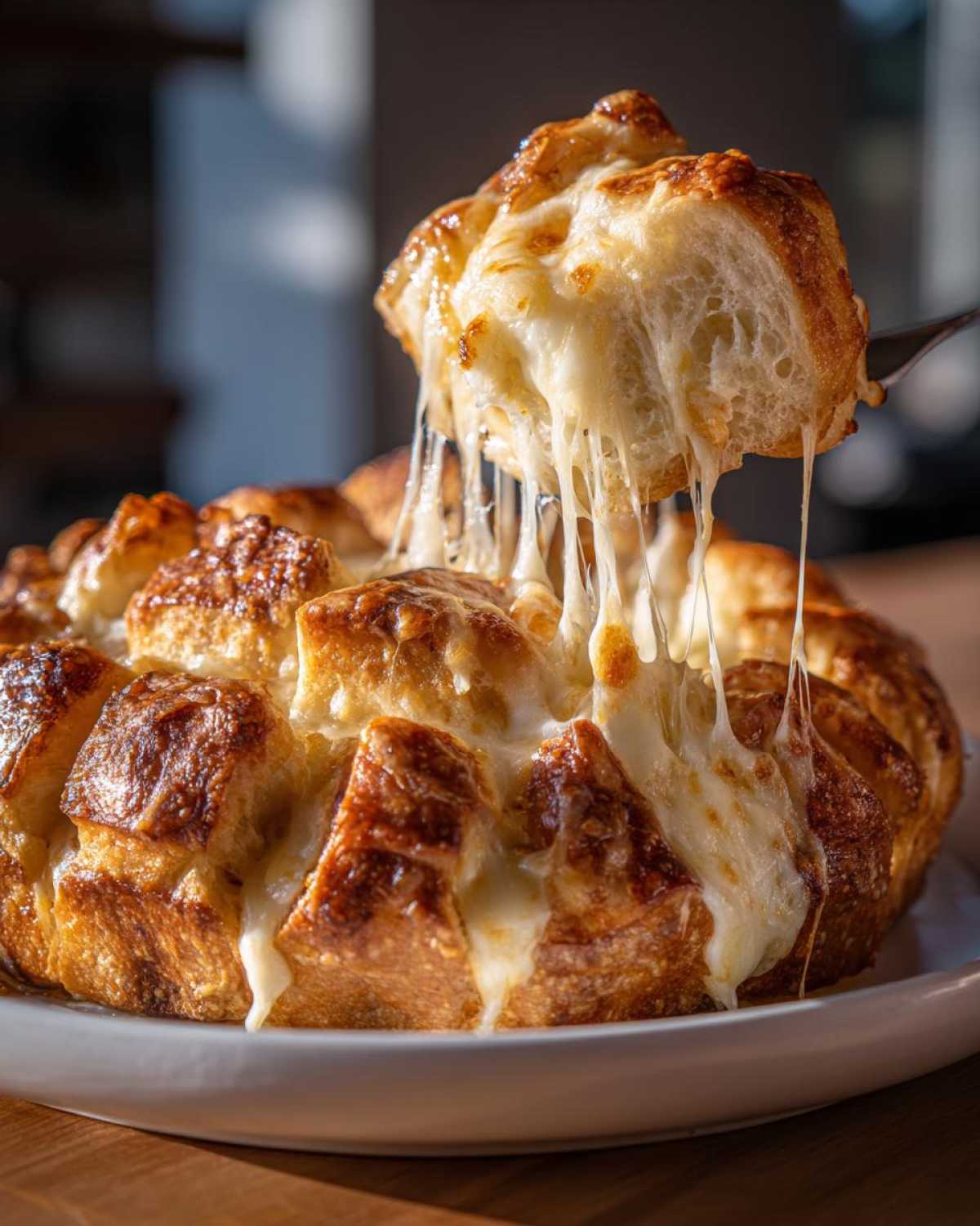 A piece of amazing 10-minute cheese bread is lifted, showing long, dramatic cheese pulls.