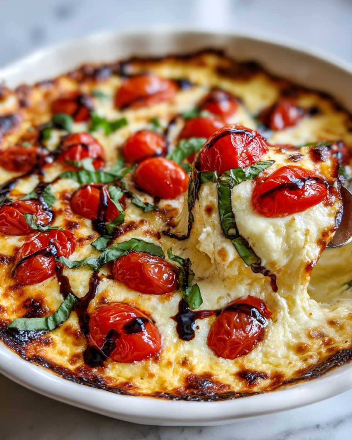 A spoonful of hot, cheesy 3-Cheese bruschetta dip being lifted from a white baking dish, topped with roasted tomatoes.