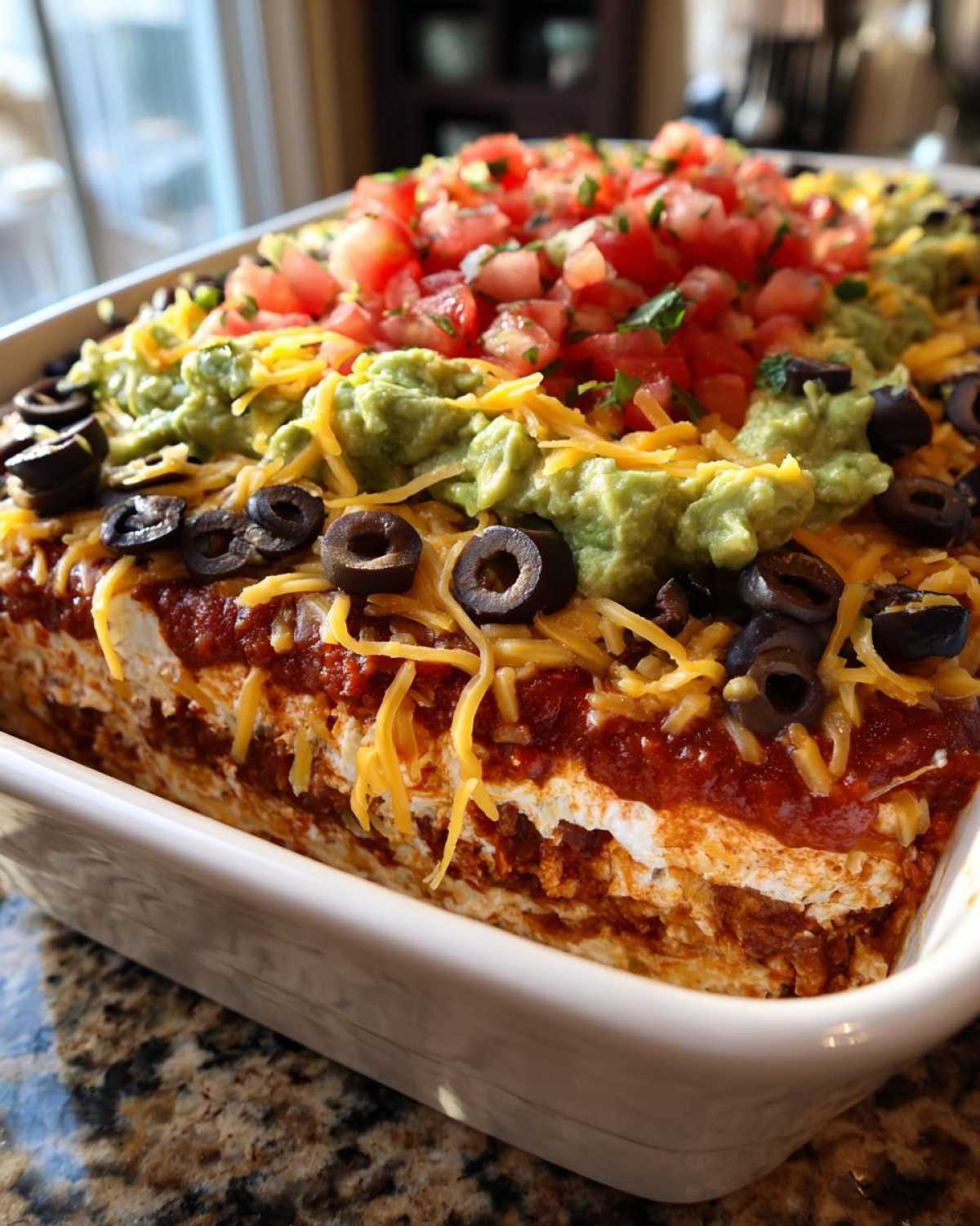 A close-up view of a freshly made 7 layer dip topped with guacamole, salsa, cheese, and olives.