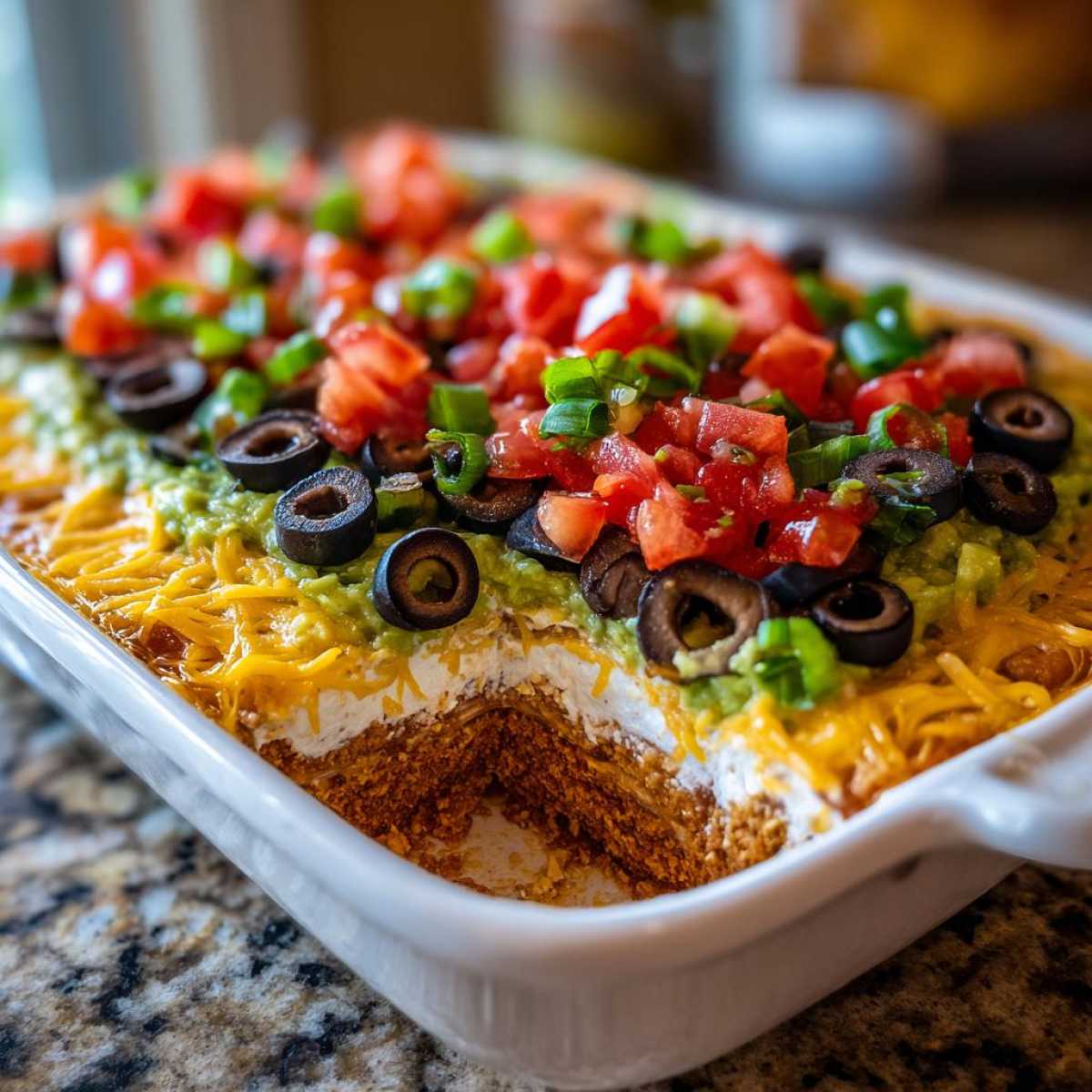 Close-up of a vibrant 7 layer dip, topped with tomatoes, cheese, olives, and lettuce, ready for a party.