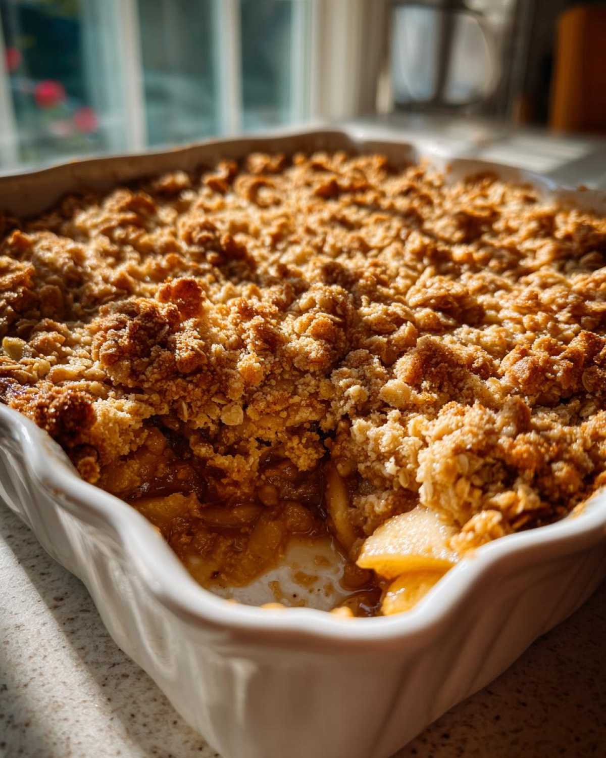 Close-up of a golden brown, crumbly topping on a freshly baked apple crisp recipe in a white baking dish.